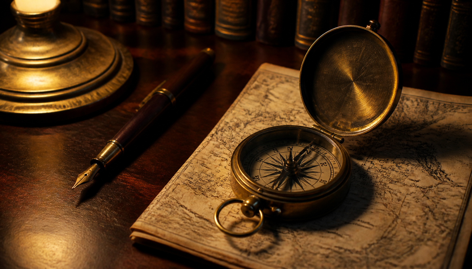 Still life: an antique brass compass with its lid open resting on a folded worn paper map, a vintage fountain pen lying nearby on a dark wooden desk under warm lamplight.