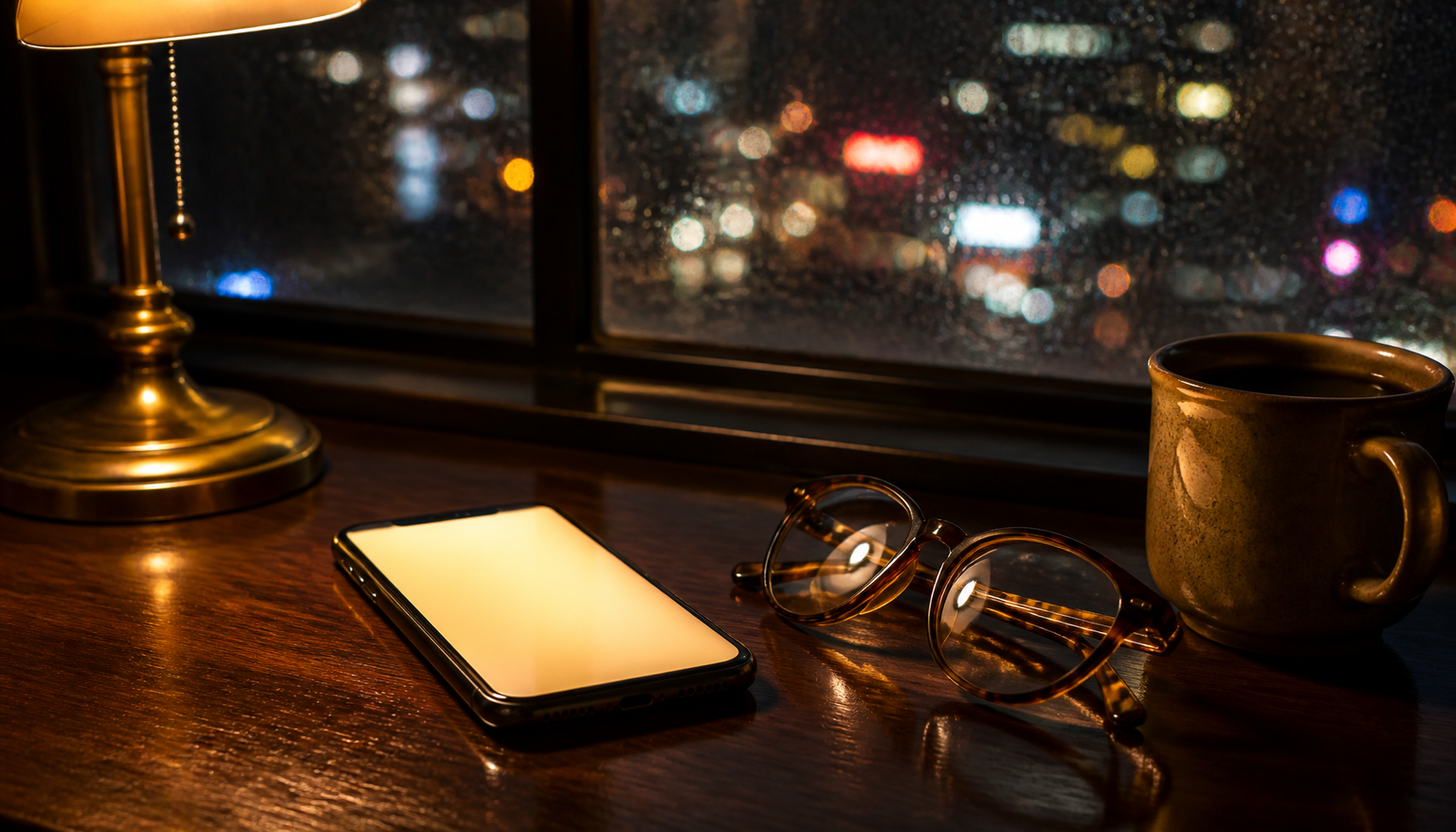 Still life: a smartphone lying face-up on a dark wooden desk, its screen glowing softly, beside tortoiseshell reading glasses and a ceramic mug, with a rain-blurred night window and warm brass lamp behind.