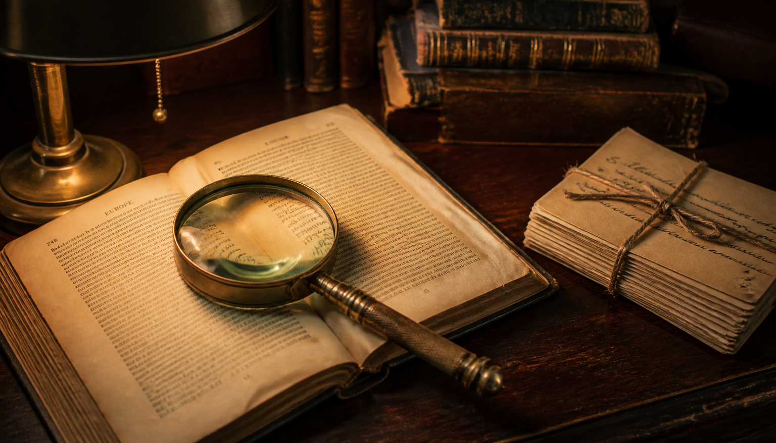 Still life: a brass magnifying glass resting on an open vintage book beside a bundle of handwritten cards tied with twine, on a dark wooden desk under warm lamplight.