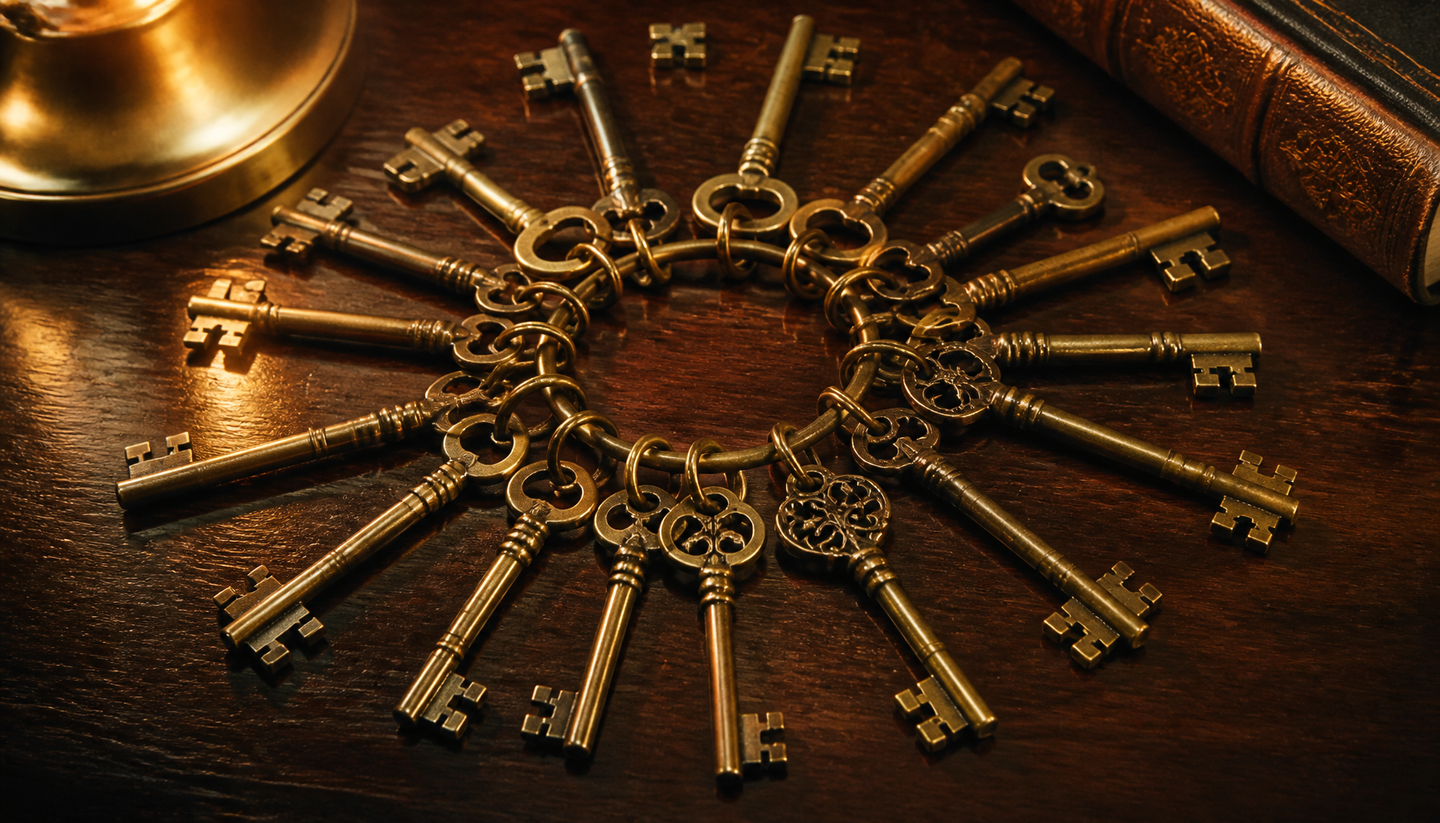 Still life: nineteen antique brass keys arranged in a circle on a dark wooden surface, all threaded through one shared brass ring at the center, under warm lamplight.