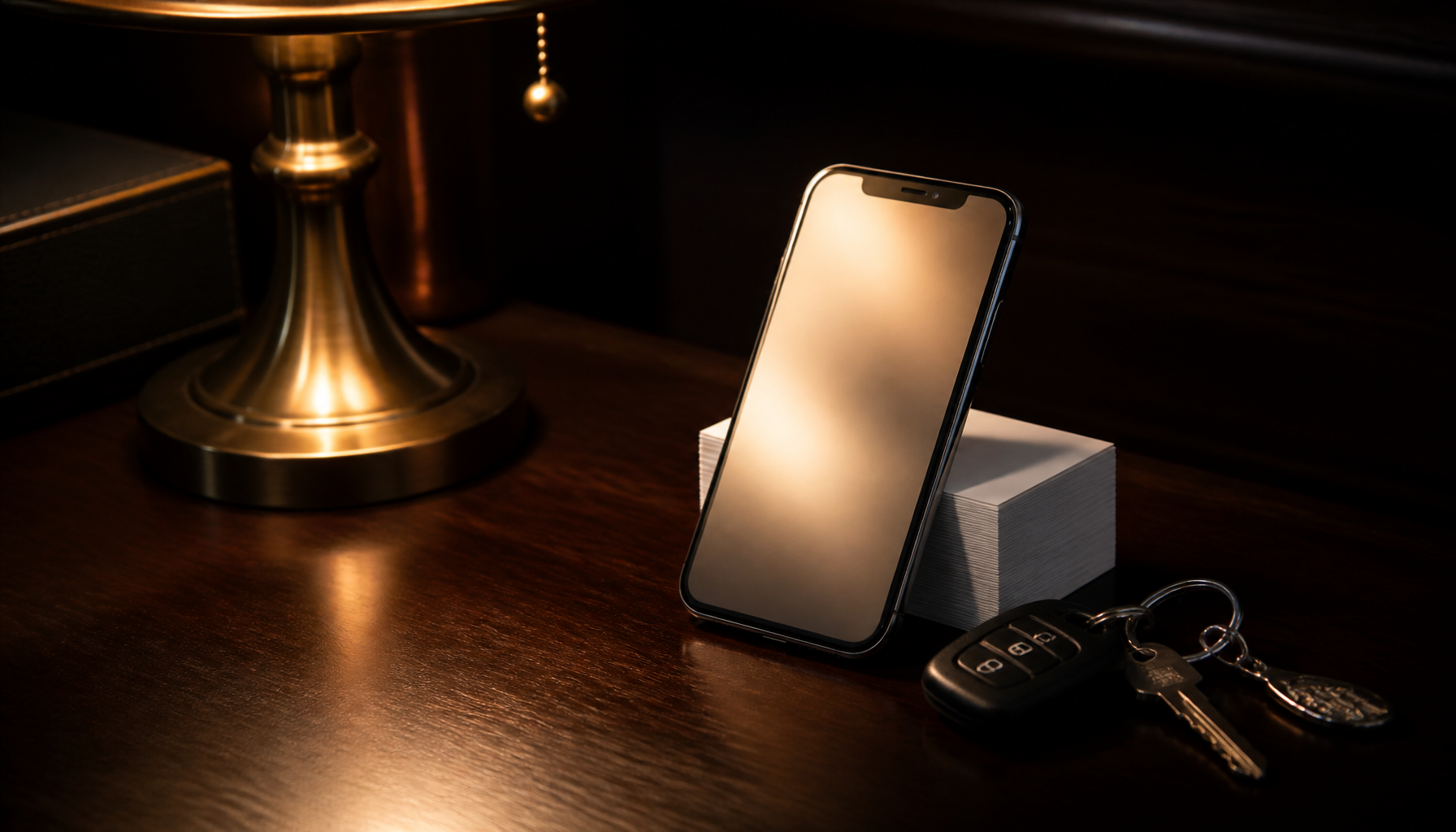 Still life: a smartphone propped upright against a short stack of crisp business cards, its screen glowing softly, with car keys resting beside it on a dark wooden desk under warm lamplight.