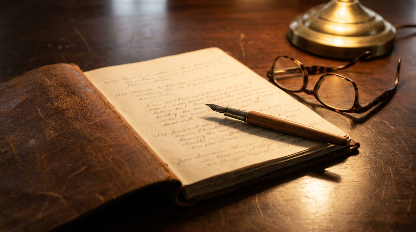 Close-up of an open leather-bound ledger on a wooden desk, filled with hand-recorded entries of referrals and outcomes.