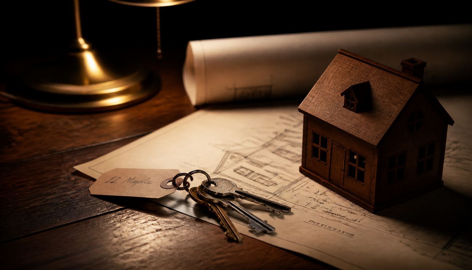 Still life: house keys with a small paper tag on partially unrolled architectural blueprints, beside a small carved wooden model house on a dark wooden desk under warm lamplight.