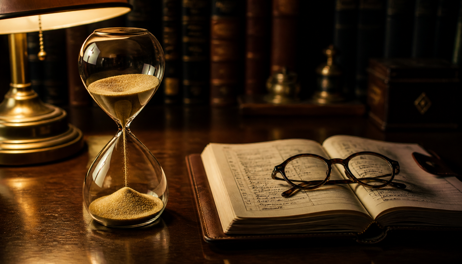 Still life: a glass hourglass with golden sand mid-flow beside an open leather planner with handwritten pages and a pair of reading glasses, on a dark wooden desk under warm lamplight.